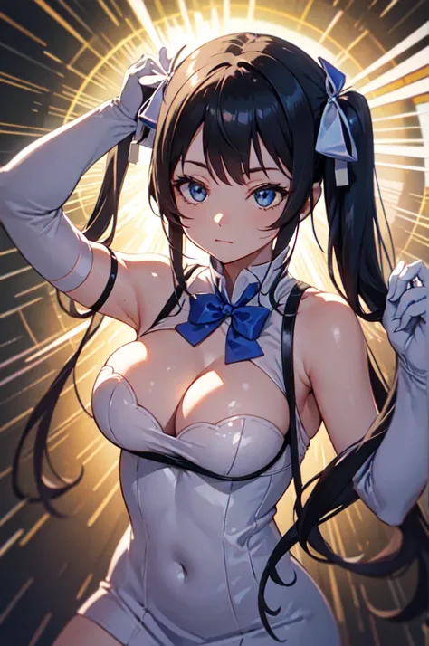 full body, twin tails, black hair, air ornament, white dress, blue bowtie, cleavage cutout, blue ribbon, arm ribbon, short dress, white gloves, barefoot, blue bow, blue bowtie, bow, bowtie, cleavage, cleavage cutout, clothing cutout, dress, gloves, pencil ...