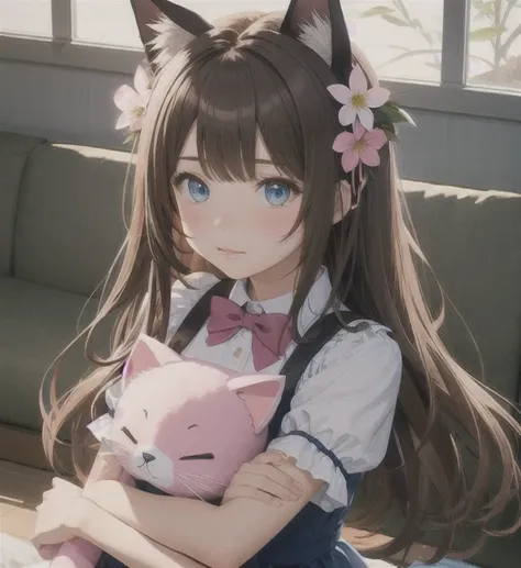 1 girl, animal ears, blue eyes, brown hair, medium breasts , wing, alone, long hair, blush, Cat ears, flower, looking at the viewer, Braid, bow, dress, pink flower, hair bow, hair ornaments, bangs, Cat, hair flower, animal earsの綿毛, holding, Virtual YouTube...