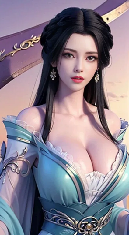 alone, 1 beauty, Wuxia World, (1 girl), (whole body), (Xiuxian World), (Big breasts), [[[特写cleavage]]]]Huge long saggy breasts, looking at the audience，cleavage, The chest is more exposed，Chinese Immortal Wuxia, (Purple cross-collar top, long skirt, embroi...