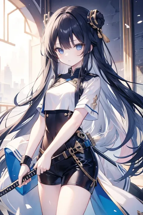 whaite hair，long whitr hair，Blue eyes，Black tunic，Black  shorts，white short sleeve，katana swords，