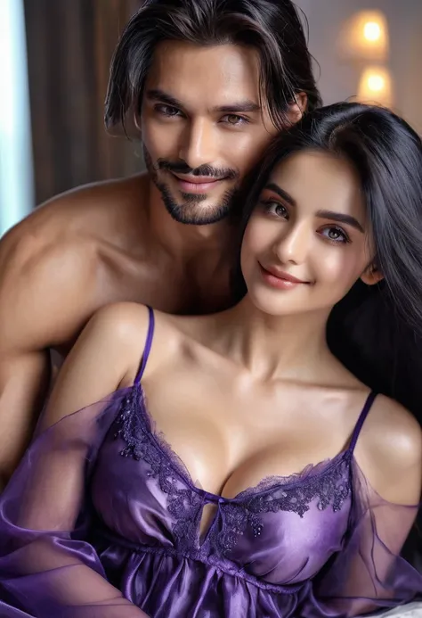 (((Two people. A beautiful woman and a handsome man)))A beautiful woman tilts her head back with passionate eyes,Dark black neat long hair hanging back(shiny hair), Wearing a sheer gauze silk nightgown,full breasts.Revealing dark purple underwear.A man hug...