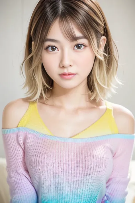 beautiful japanese woman、1 person,Very pretty and slim、outstanding style 、((8K image、super high quality))、Very delicate face, skin and hair、short hair、straggling hair,(((((((gradient hair、blonde))))))),Very cute Japanese face、Eyes and nose are clearly visi...