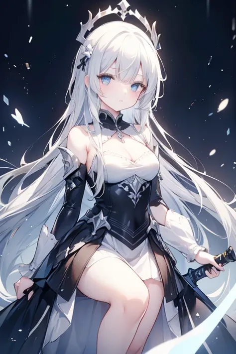 girl，white hair，blue eyes，glowing eyes，glowing eyes，glowing eyes，long hair，Dark system，Long white and black dress，armor，Silvery crown，Queen，brandishing a sword，poster，incredible，big occasion，best quality，epic，Tyndall effect，enchanted forest