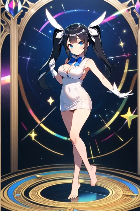 Background stained glass, background night sky, Background stars shining, full body picture, spread legs, full body, twin tails, black hair, air ornament, white dress, blue bowtie, cleavage cutout, blue ribbon, arm ribbon, short dress, white gloves, barefo...