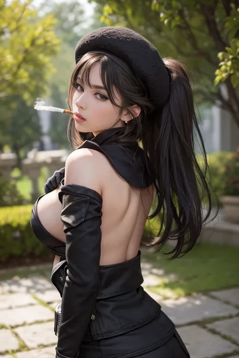  22 years old, (milf:0.8), (solo:1.5), (sfw:1.25), cute breast, beautiful breasts, medium tits, thin waist, big ass:1.0, Raised sexy, (beret, black jacket, open clothes, cleavage, midriff, black shorts, black thighhighs, thigh strap, fingerless gloves, sin...