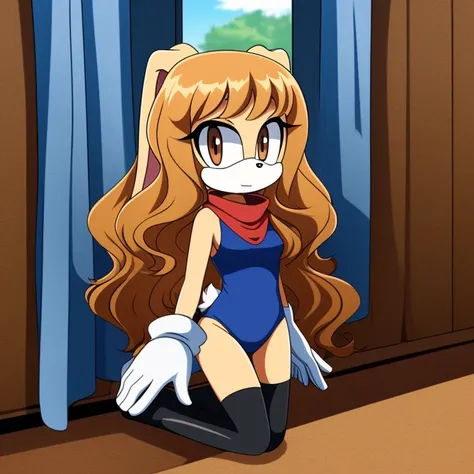 Female, Mobian, Rabbit, Cream the Rabbit, sonic the hedgehog (series), rabbit girl, ((solo)), ((1girl)), ((hairstyles, long wavy hair with curtain side bangs, similar to Maria)), brown eyes, serious, young adult, average sized breasts, hair on top of shoul...