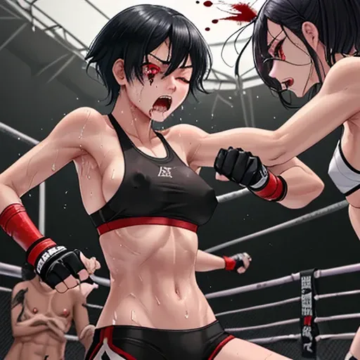 Beautiful female high school mixed martial artist covered in blood。He looks away in fear from the oncoming punch。Suffering from damage。Mouth open and dripping blood。With one eye closed, it seems painful。Fighting inside the Octagon。I&#39;m soaked in sweat。o...