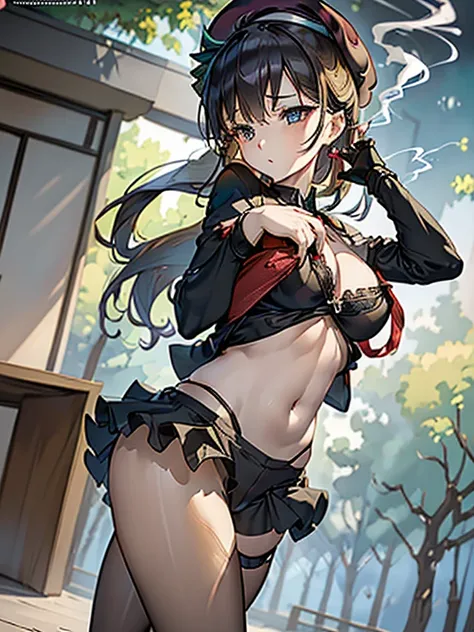  22 years old, (milf:0.8), (solo:1.5), (sfw:1.25), cute breast, beautiful breasts, medium tits, thin waist, big ass:1.0, Raised sexy, (beret, black jacket, open clothes, cleavage, midriff, black shorts, black thighhighs, thigh strap, fingerless gloves, sin...