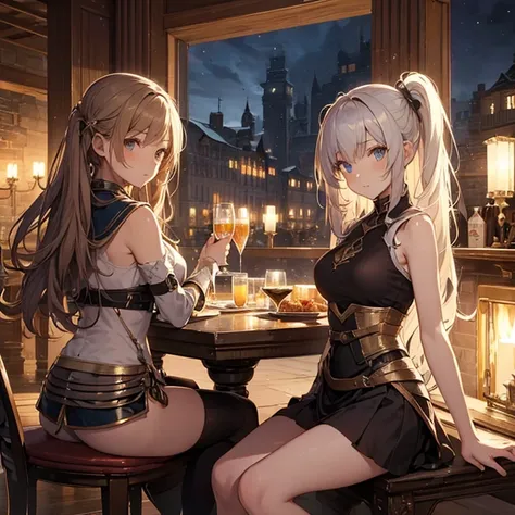 A group of  female medieval fantasy adventurers, (in tavern), various hair styles, harem, night, details face, short skirt, seducing, sleeveless, armor 