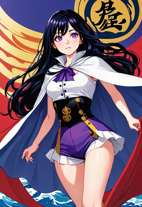 Reze tiene una figura bien proporcionada con un cuerpo voluptuoso, su piel es de tez clara. Ella es muy alta y esbelta, She has long black hair with purple tones in front of her waist with a few strands of hair framing her face up to her chin., dark blue e...