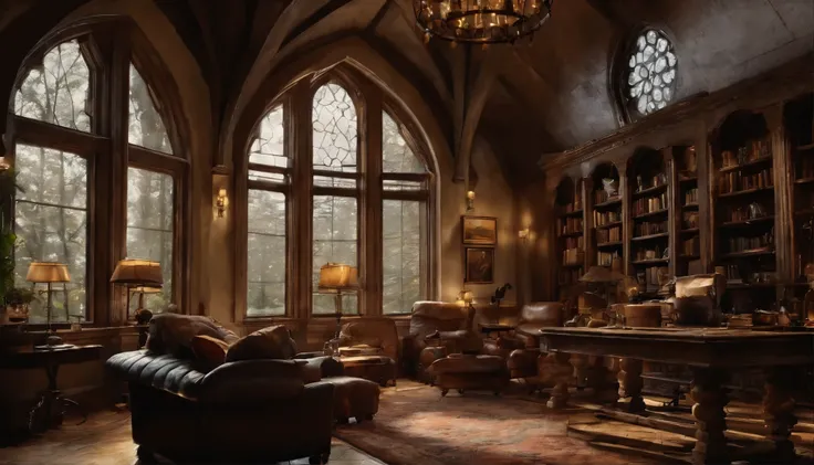 Epic shot of very cozy ultra detailed library like from Harry Potter with high vaulted ceilings and a ladder leaning against the bookshelf, winged armchair by the fireplace next to the large gothic leaded glass window, outside it is a rainy night, rain run...