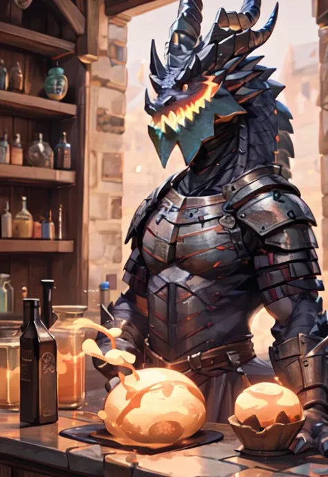 On the counter of a shop full of glowing potions，A dragon in a medieval tight-fitting costume，There is a huge bulge，Greet you with a warm smile