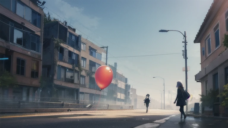 Cities destroyed in the Ukrainian war, A girl walking with a small balloon, banksy style, monochromatic, 8K