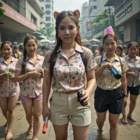 hamster,Two-legged standing,Wear a floral shirt,holding a water gun,among people,in the city,who are playing water Songkran,Songkran Festival,close range,Highly detailed