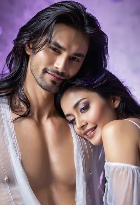 (((Two people)))A beautiful woman is on the left side of the picture.Head tilted back with passionate eyes,Dark black neat long hair hanging back(shiny hair), Wearing a white transparent gauze silk nightgown,full breasts.Revealing dark purple underwear.A h...