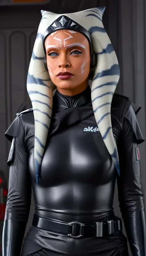 A beautiful sexy , ahsoka,  skin tight latex, dressed as latex imperial officer,  (detailed realistic,4k,highres,masterpiece:1.2), 