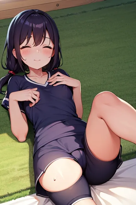 Wearing a soccer uniform with an embroidered logo、Junior high school girl with small breasts、Sweaty and looking happy、Her nipples are visible and protruding、Sleeping on the bed、View from the front、Low - Angle、The uniform has an embroidered logo