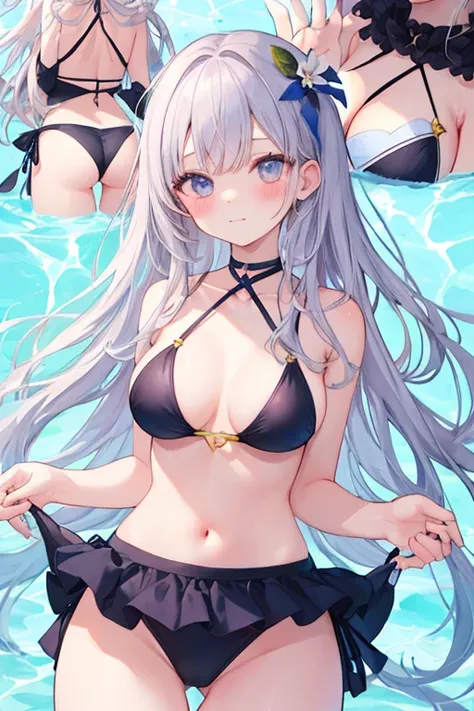 beautiful illustrations, highest quality, pretty girl,beautiful girl、clear face、 half girl、pastel colour 、blush、perfect hands、five fingers、fantasy、fantasy、thighs、Alone Focus), (perfect face:1.1), (high detail:1.1)、swimsuit、bikini、