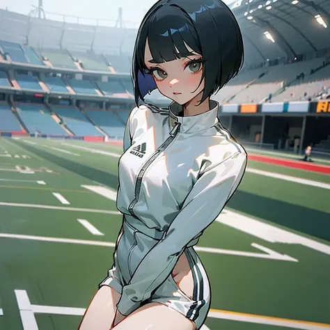 masterpiece、delicate details、tracksuit、Adidas Clothing（zip up）、modest chest、thin waist、athlete、sexy、While taking off my clothes、Slender beauty、Your face is so cute、Bangs Patsun、Cropped bob cut、spats、long eyelashes、Big eyes、light makeup、athletics stadium、be...