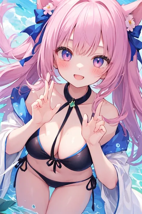 beautiful illustrations, highest quality, pretty girl,beautiful girl、clear face、 half girl、pastel colour 、blush、perfect hands、five fingers、fantasy、fantasy、thighs、Alone Focus), (perfect face:1.1), (high detail:1.1)、swimsuit、bikini、smile