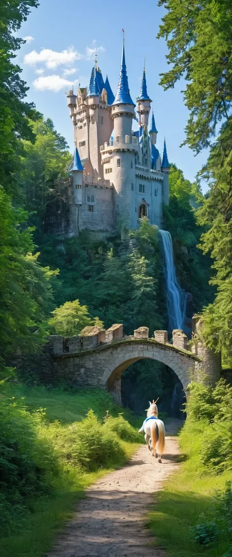 Castle in the middle of the forest with princess and unicorn