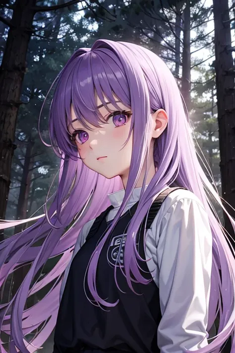 [[Clannad style]], [[Cute girl with long hair and light purple bangs]], [light purple eyes]], [[gloomy, dark forest background]], [[Poor natural lighting]], [[good quality]],[[masterpiece]], [[best artist]], [[best show]], [[16K quality]], [[high dynamic r...