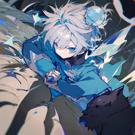 silver hair，dark blue eyes，boy in cyan clothes，holding a silver bell，looking at the unreal black cat with nostalgia