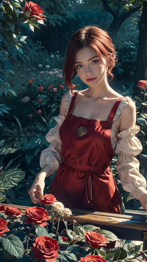 in the heart of the wonderland world a young beautiful girl with short red and white hair, florist clothing and rose apron. cutt...