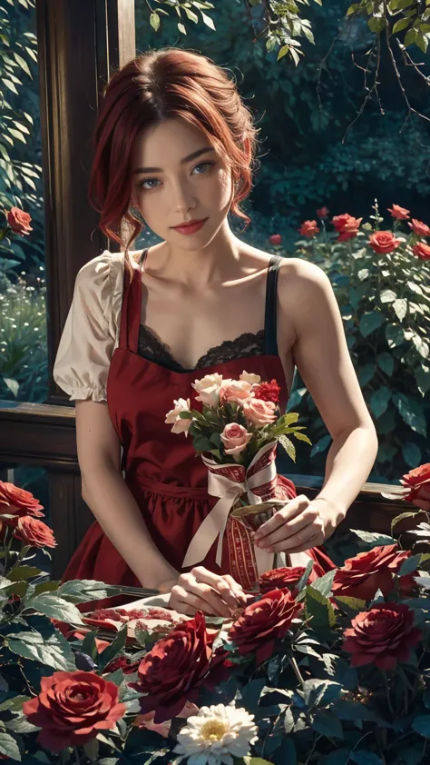 in the heart of the wonderland world a young beautiful girl with short red and white hair, florist clothing and rose apron. cutt...