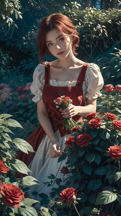 in the heart of the wonderland world a young beautiful girl with short red and white hair, florist clothing and rose apron. cutt...