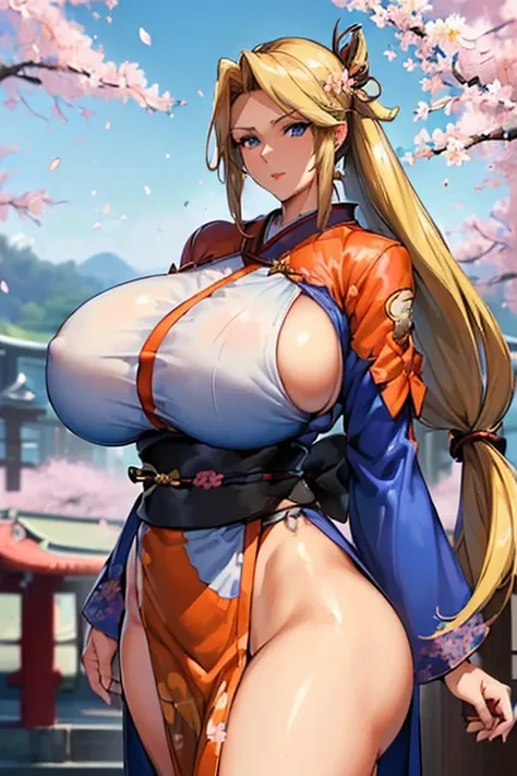 ((woman,(huge breasts:1.8), very red lips,huge breastsを強調,big ass,thin waist,long legs,Are standing,greenish blue eyes)) 8K(((japanese costume,kimono,european style costume,Tight fitting clothes,Clothes that fit tightly to the body,Clothes that show off yo...