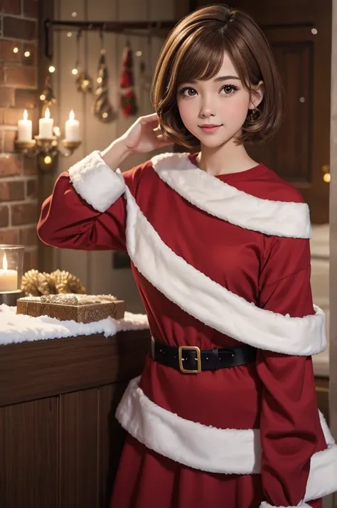 light brown hair　short bob　bun hair　beautiful girl　１７age　Christmas　Santa Girl　snow　live-action