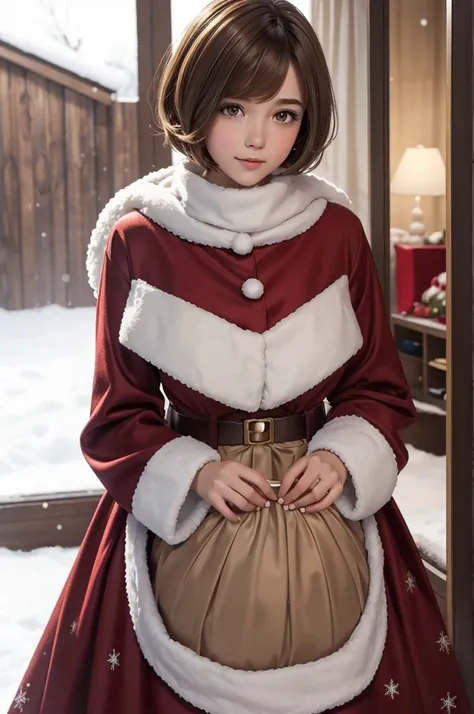 light brown hair　short bob　bun hair　beautiful girl　１７age　Christmas　Santa Girl　snow　live-action