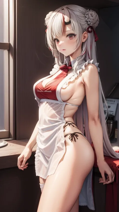 (masterpiece:1.3),(highly detailed:1.3),(highres:1.1),best quality,Ultra-detail,1girl,solo,kitchen,jelofolkwang,naked apron,((white apron)),ass,sideboob, unclear clothes , white pantie, ((perfect body)), salon,((take off pantie)), legwear ,hand pantie, ((p...