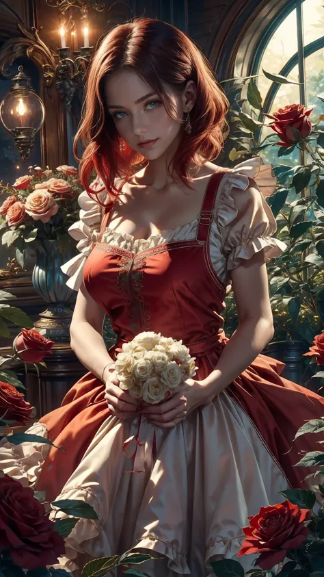 in the heart of the wonderland world a young beautiful girl with short red and white hair, florist clothing and rose apron. cutt...