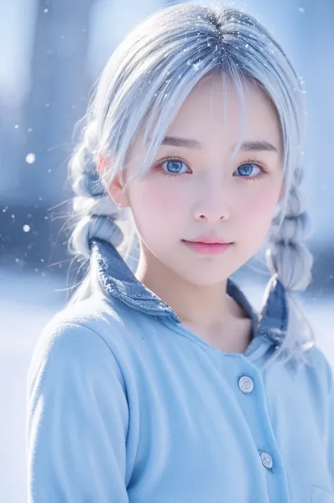 silver hair　short twin tails　Light blue eyebrows　beautiful girl　baby face　１５age　city　snow　live-action
