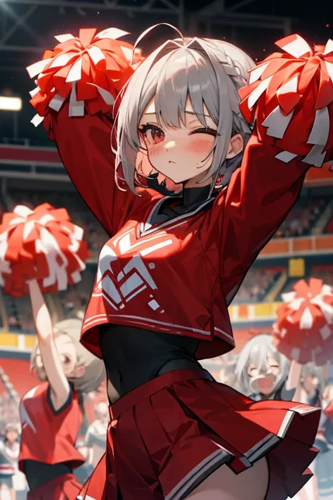 short gray hair, blush, cheerleader、Headbang 2.、Red clothes、Braid、