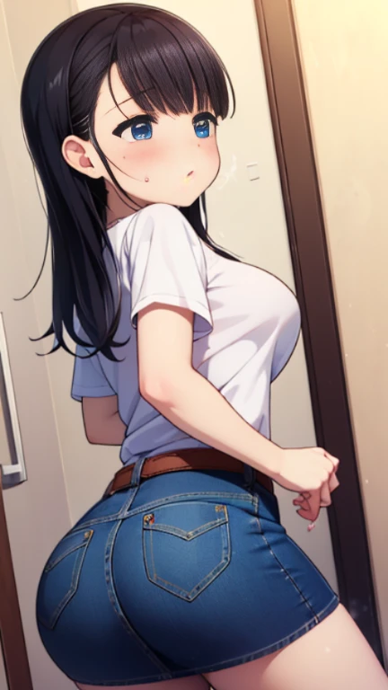 8K, High resolution, super detailed face, masterpiece, highest quality,(big breasts):1.2, thighs、thighs、(casual t-shirts:1.2、pumps)、(crying face、angry look)、12 year old junior high school student, NSFW、(thighsに射精:1.5,cum in the ass,  in vagina:1.5、denim sk...