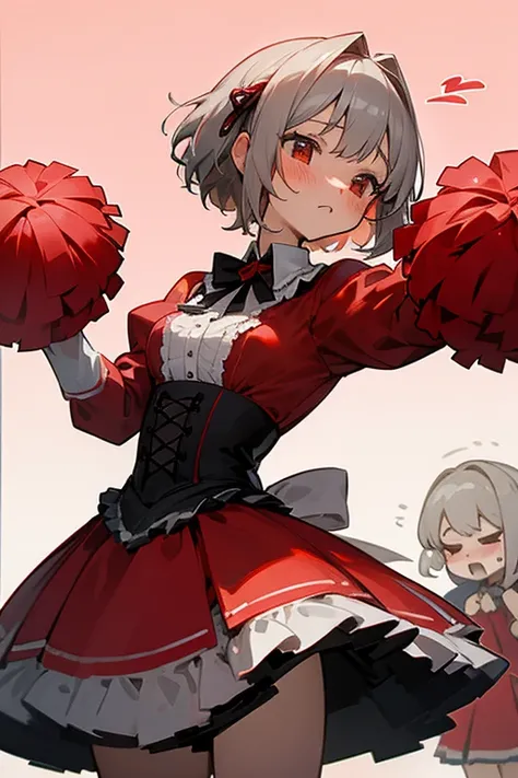 short gray hair, blush, Cheerleader、Headbang 2.、Red clothes、Elegant Lolita、Victorian Maiden、