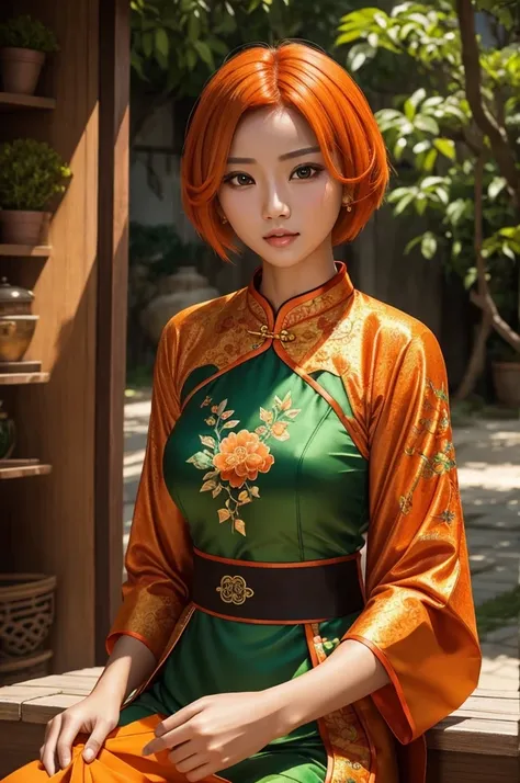 orange hair　short hair　green eyes　Beauty　tanned skin　２０age　cheongsam clothes　live-action