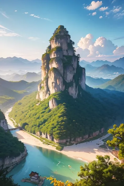 Chinese scenery, Mountain, river, Xiangyun, Sunlight, masterpiece, Super details, epic work, ultra high definition, high quality, Very detailed, official art, unified 8k wallpaper, Super details, 32k -- v 6