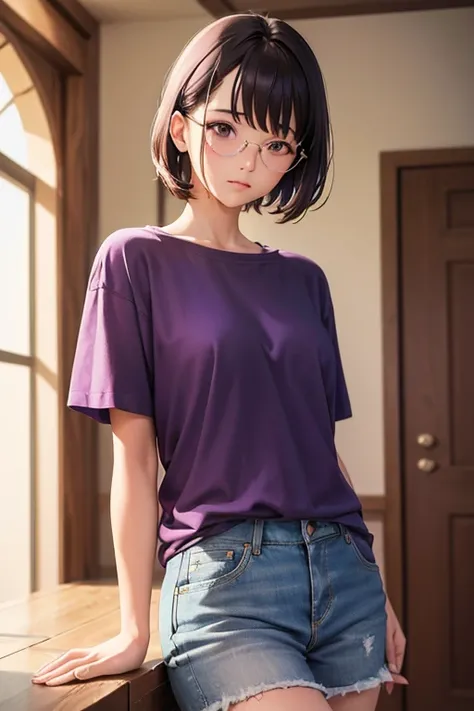 (original photo, 4K, masterpiece, High resolution, extremely complex) (actual: 1.4), movie lighting, 1 girl, focus only, summer noon, thermal, 1990s (style), denim lenses, indoor, Purple short-sleeved T-shirt