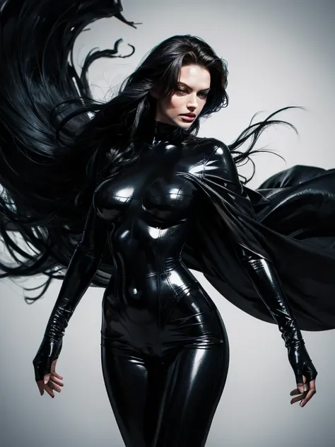 in a swirling liquid void, photorealistic sexy female venom marvel comics symbiote flowing liquid latex black alien goo,sleek fe...