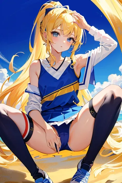 ((masterpiece:1.2, highest quality)), 1 girl, alone, blonde hair, long hair, , ponytail,  null, Cheerleader、bangs、spread your legs、tuck up,（Panty shift 1.2),labia majora,labia minora,clitoris,