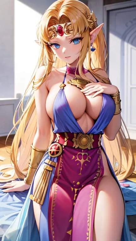 princess zelda, 2 women, one of them blonde very long hair, the other ponytail, blue eyes, one of them wearing a sexy pink dress with side slit, one of them wearing a blue bikini, ultrasharp, looking at the viewer, ((best quality)), ((masterpiece)), (detai...