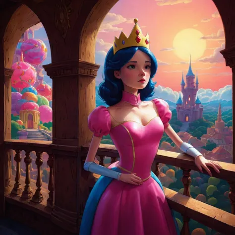 adventure time comics. princess buble gum stands on the balcony of her palace. the background is a landscape of the candy kingdo...