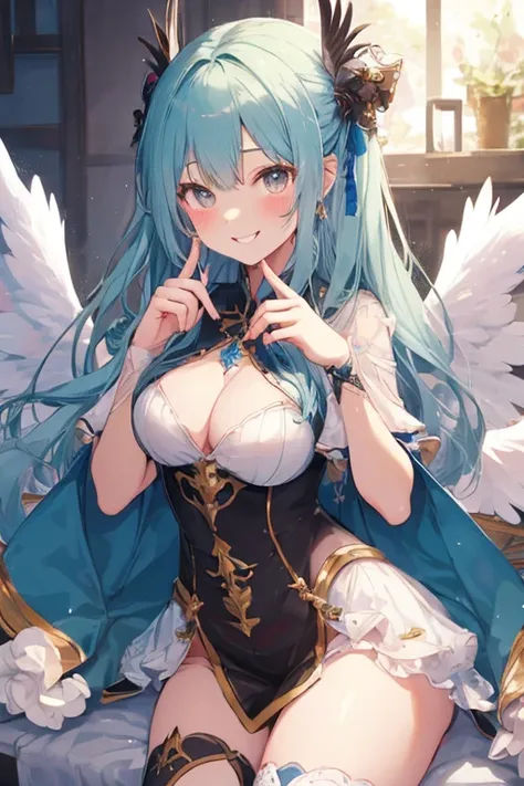 beautiful illustrations, highest quality, pretty girl,美girl、clear face、 half girl、pastel colour 、blush、perfect hands、five fingers、fantasy、fantasy、thighs、(perfect face:1.1), (high detail:1.1)、smile、Angel、white feathers、white wings、girl