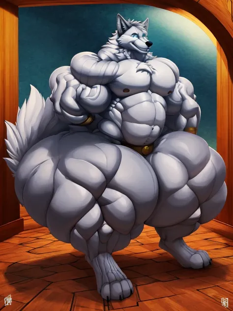 4k, high resolution, best quality, perfect lightning, perfect shadows, solo, anthro, young, boy,white wolf:2.0, furry body, (fluffy mane:1.2), fluffy tail, male, adult, (bulky2:0, thick muscles2:0, huge muscles:2.0, hyper muscles:2.0), (thick biceps, veiny...