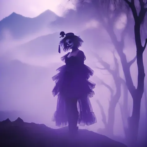 A place with a morbid look that resembles a funeral, (foggy:1.2), silhouetted in soft shadow (full body photograph:1.2) (Purple Mountain Majesty clown outfit:1.3) (beautiful supermodel:1.1) hands behind her back detailed background bokeh