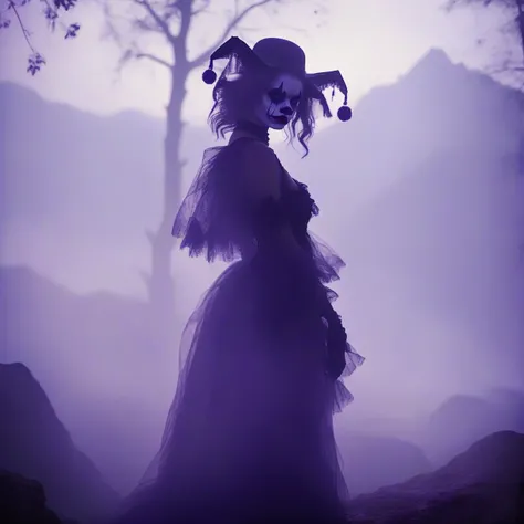 A place with a morbid look that resembles a funeral, (foggy:1.2), silhouetted in soft shadow (full body photograph:1.2) (Purple Mountain Majesty clown outfit:1.3) (beautiful supermodel:1.1) hands behind her back detailed background bokeh